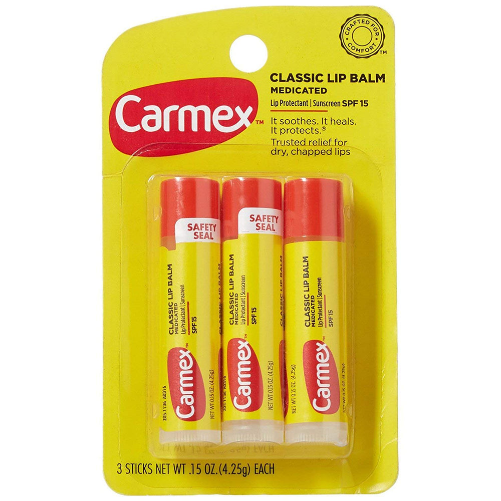 Carmex original front stick-style tube showing label and easy application benefit
