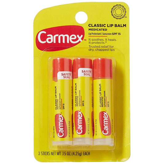 Carmex original front stick-style tube showing label and easy application benefit