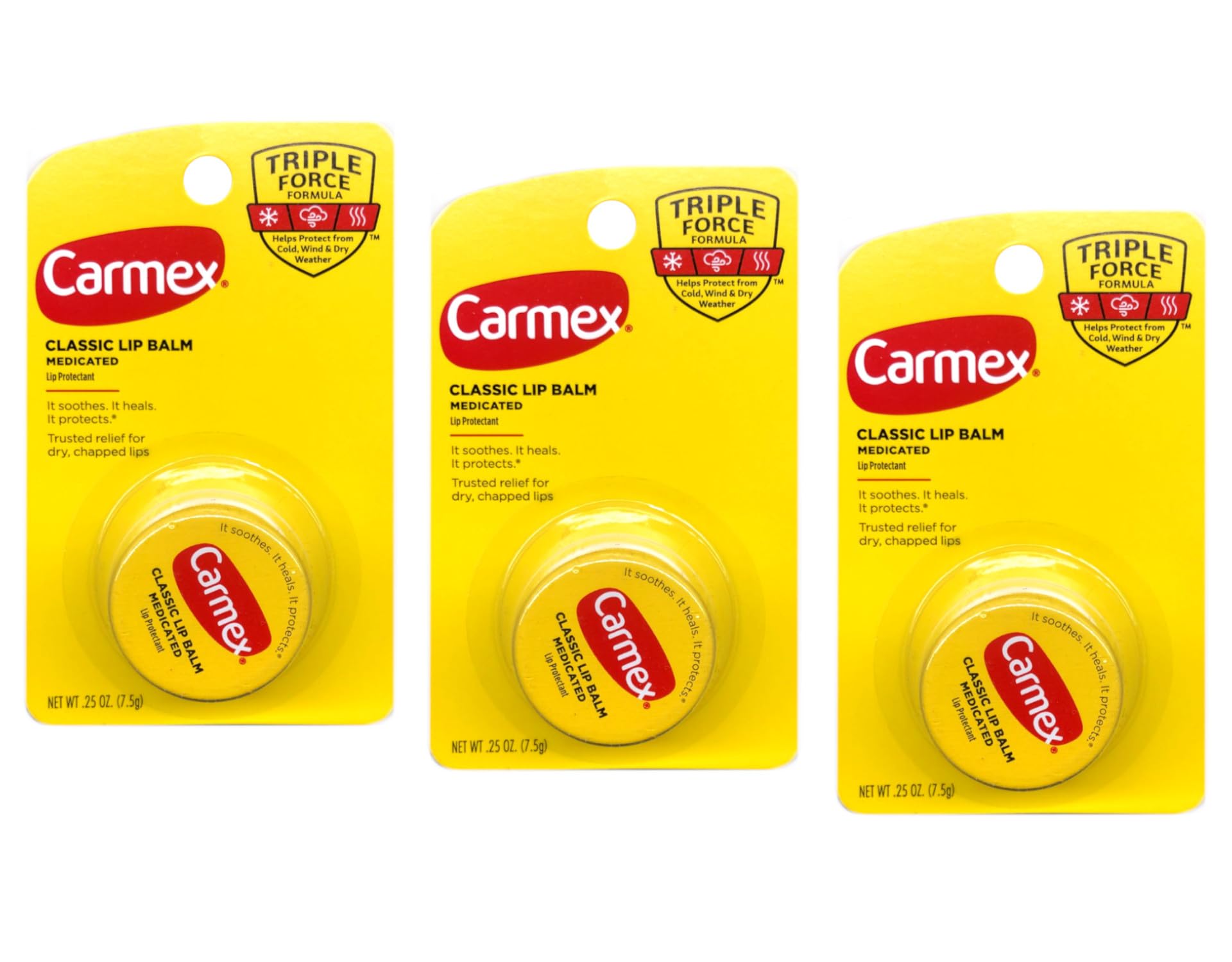 Carmex original pot front packaging showing brand and compact size, convenient for travel
