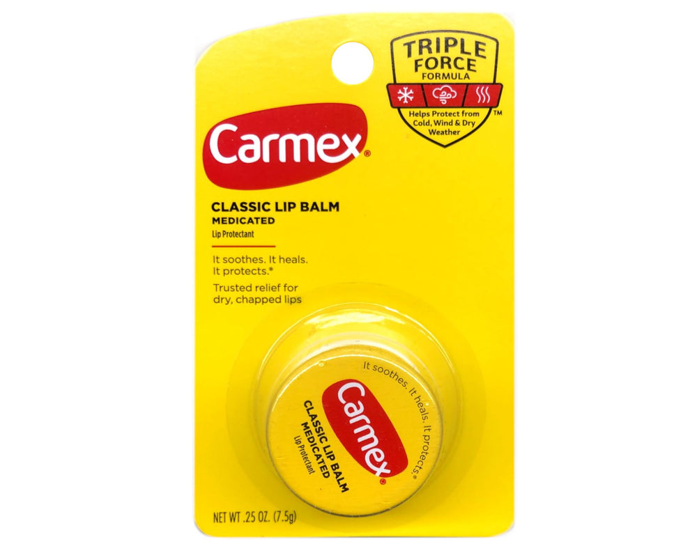 Carmex original pot texture closeup revealing smooth waxy balm for lasting moisture