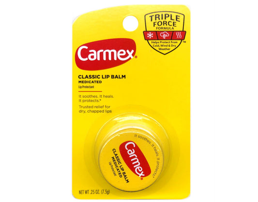 Carmex original pot texture closeup revealing smooth waxy balm for lasting moisture