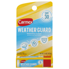 Carmex front packaging showing SPF30 and water resistance benefit
