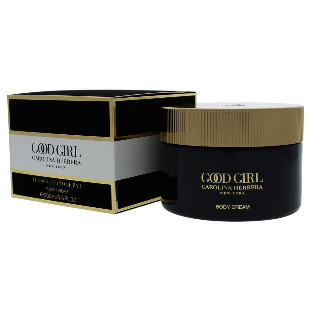 Carolina Herrera 6.8 oz jar next to box showing product size and designer label