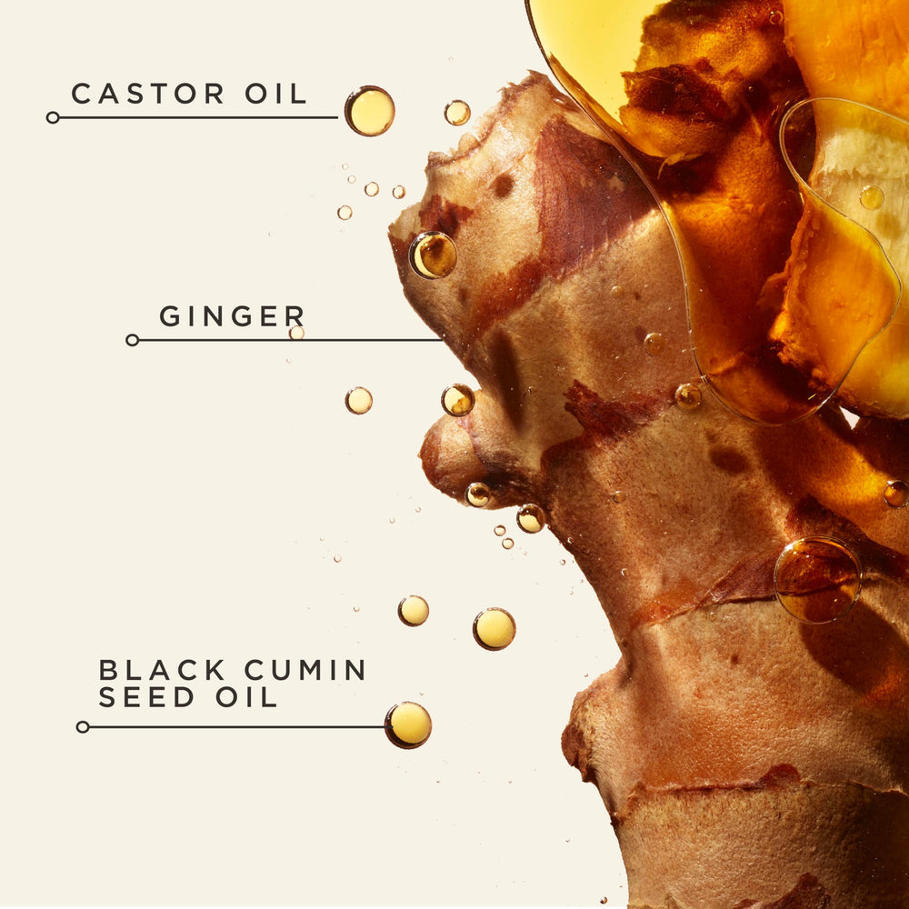 Carol's Daughter label close-up highlighting castor oil and black cumin seed ingredient benefits