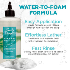 Carol's Daughter shampoo in hand illustrating liquid flow and reduced friction when applying