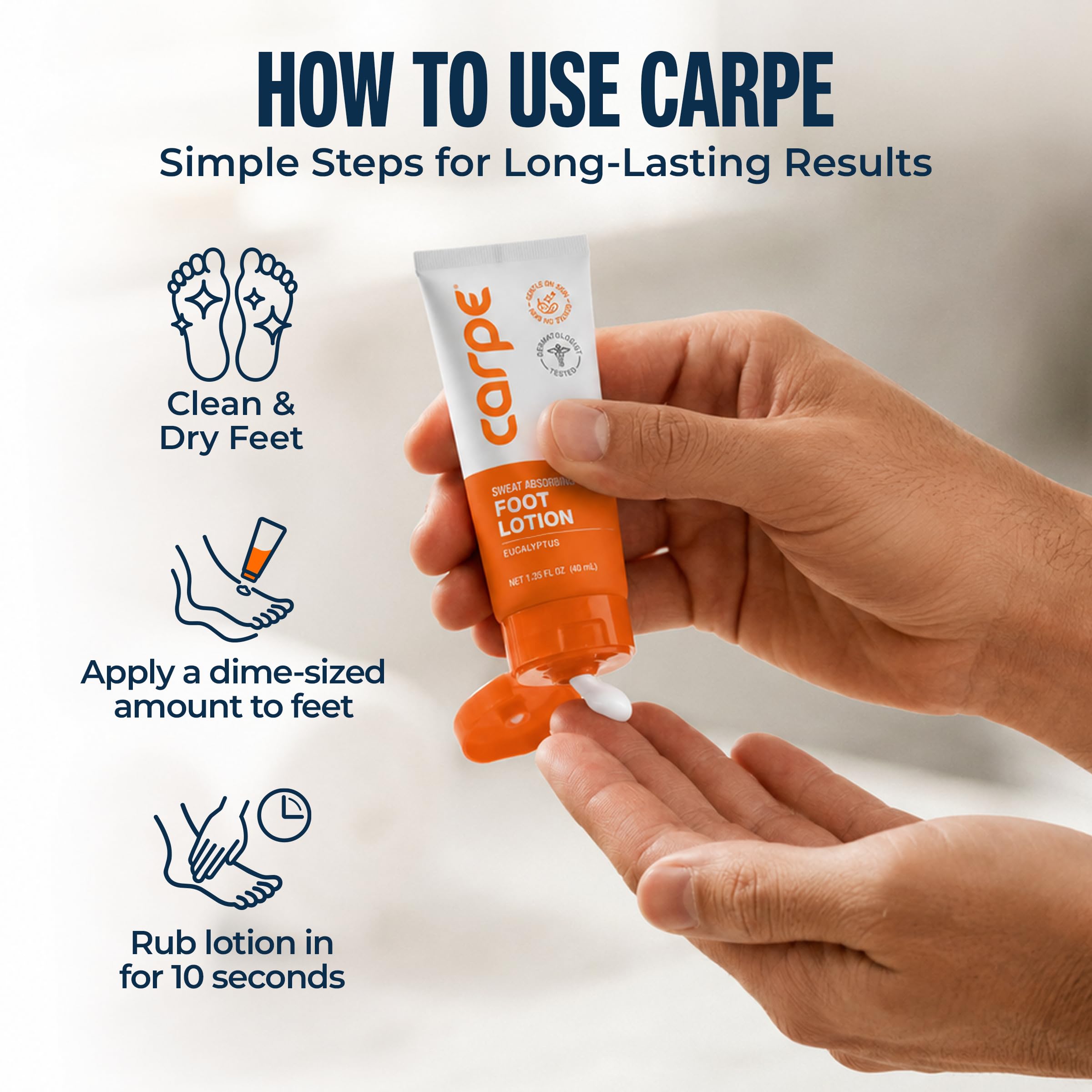 Carpe being applied between toes to target sweat and reduce friction