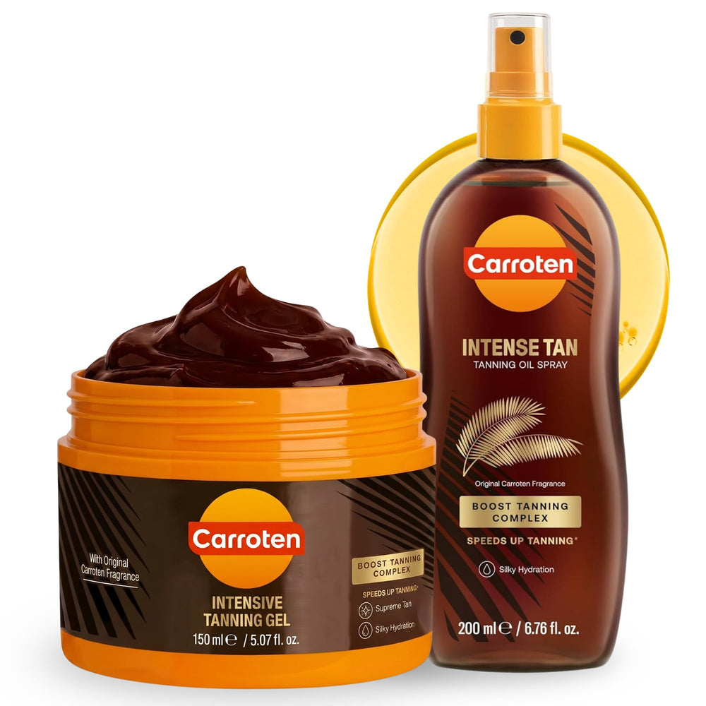 Carroten duo packaging showing gel and oil for bronzed results