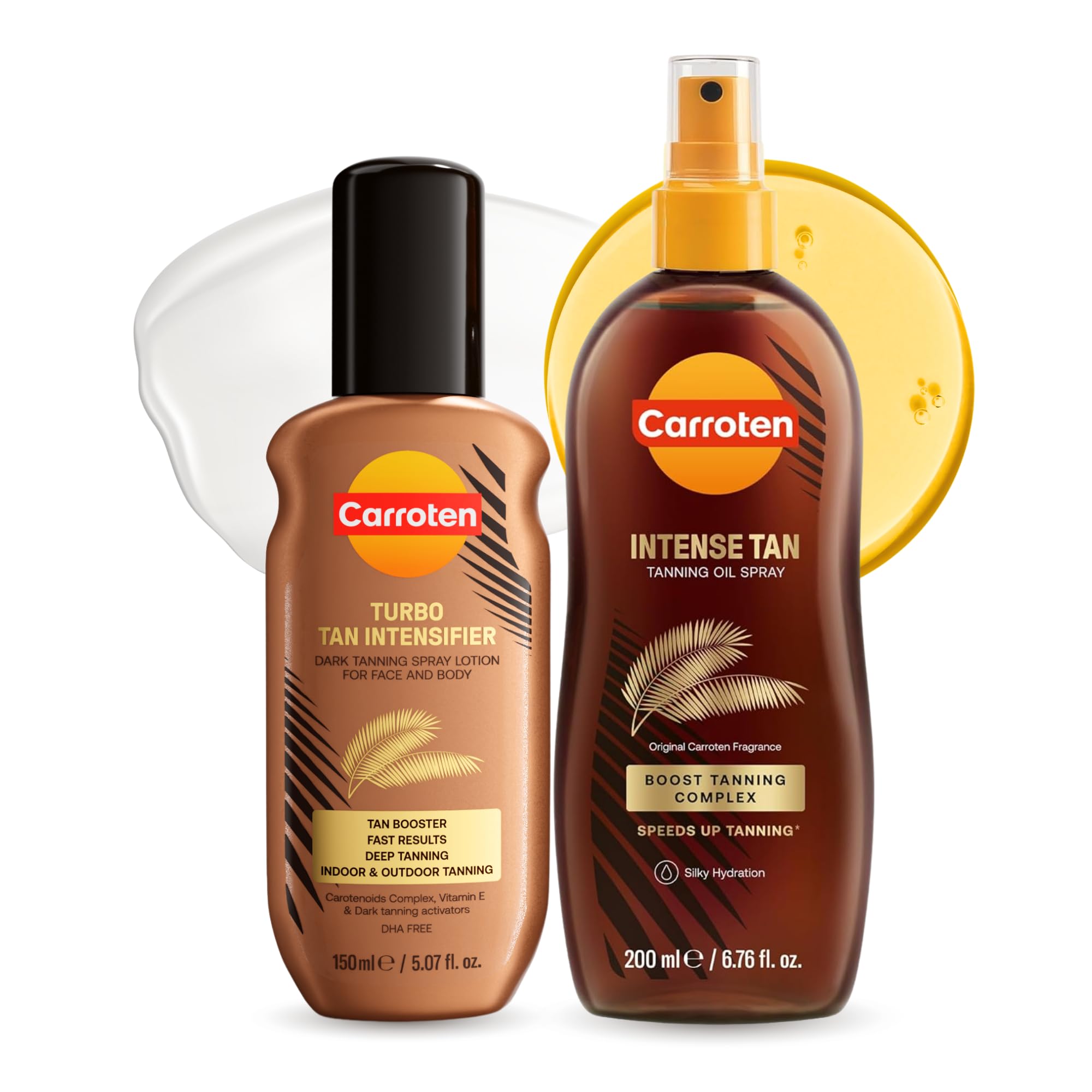 Carroten front packaging showing both bottles and tanning system benefits