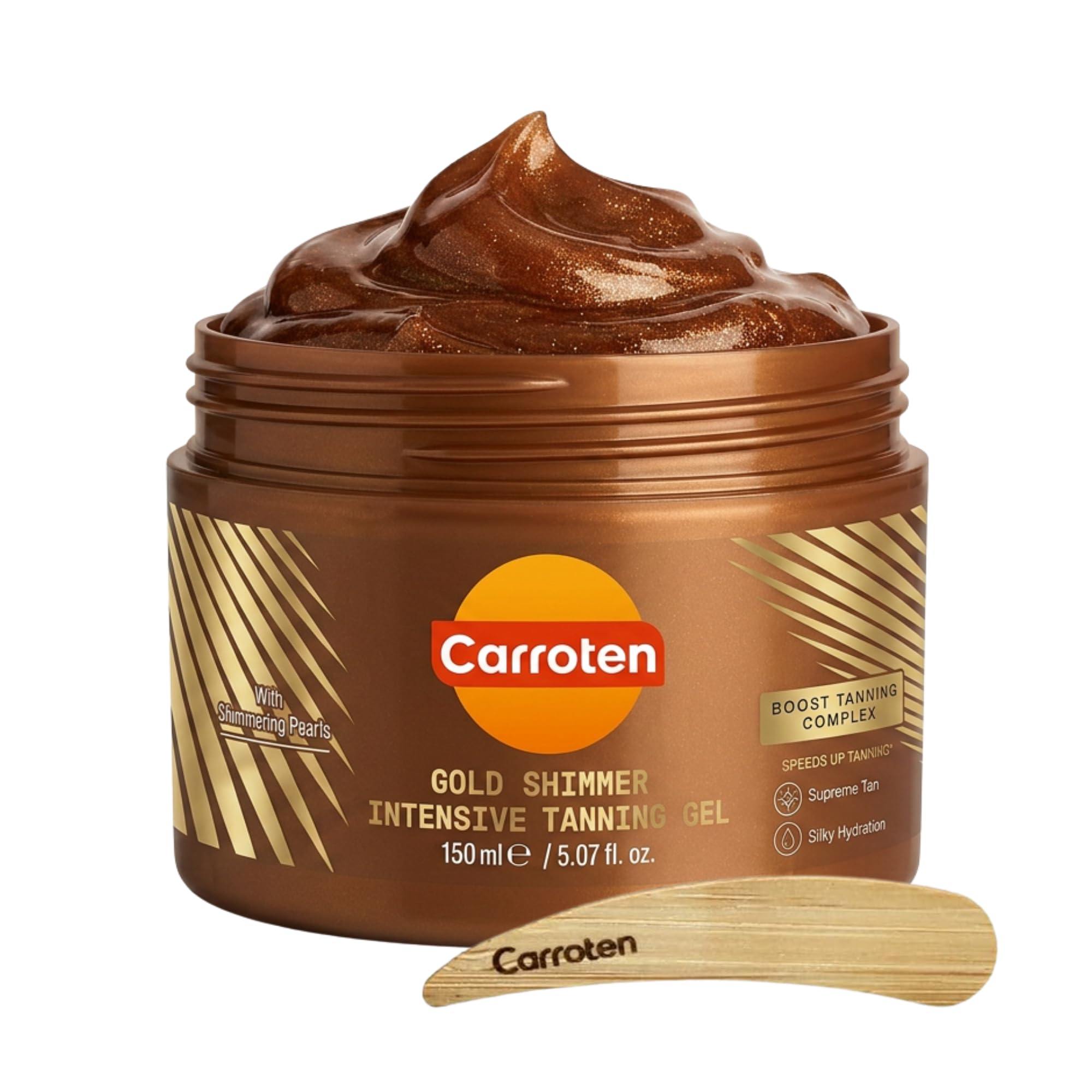 Carroten front packaging showing gold shimmer gel and branding benefit