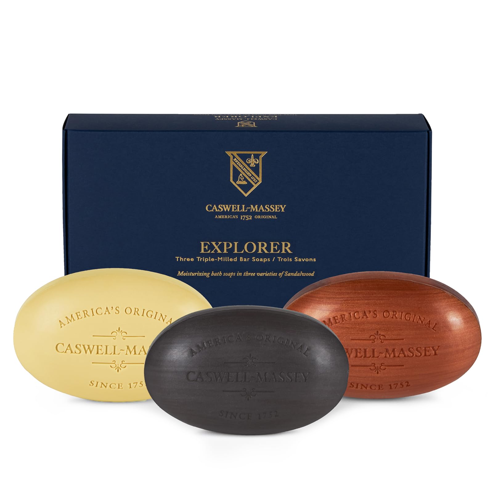 Caswell-Massey front packaging showing three 5.8 oz bars, gift-ready