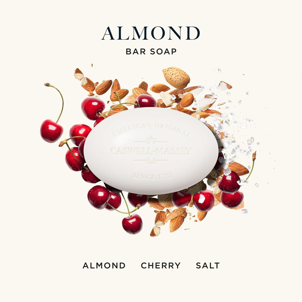 Three Caswell-Massey almond bars stacked to show size and longevity benefit