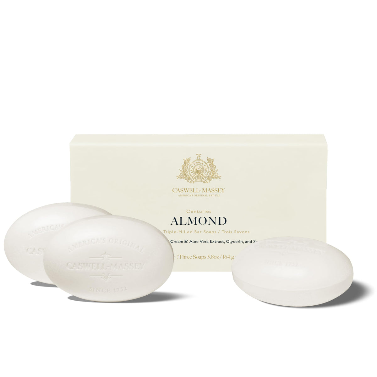 Caswell-Massey front packaging showing almond scent and gift-ready box benefit