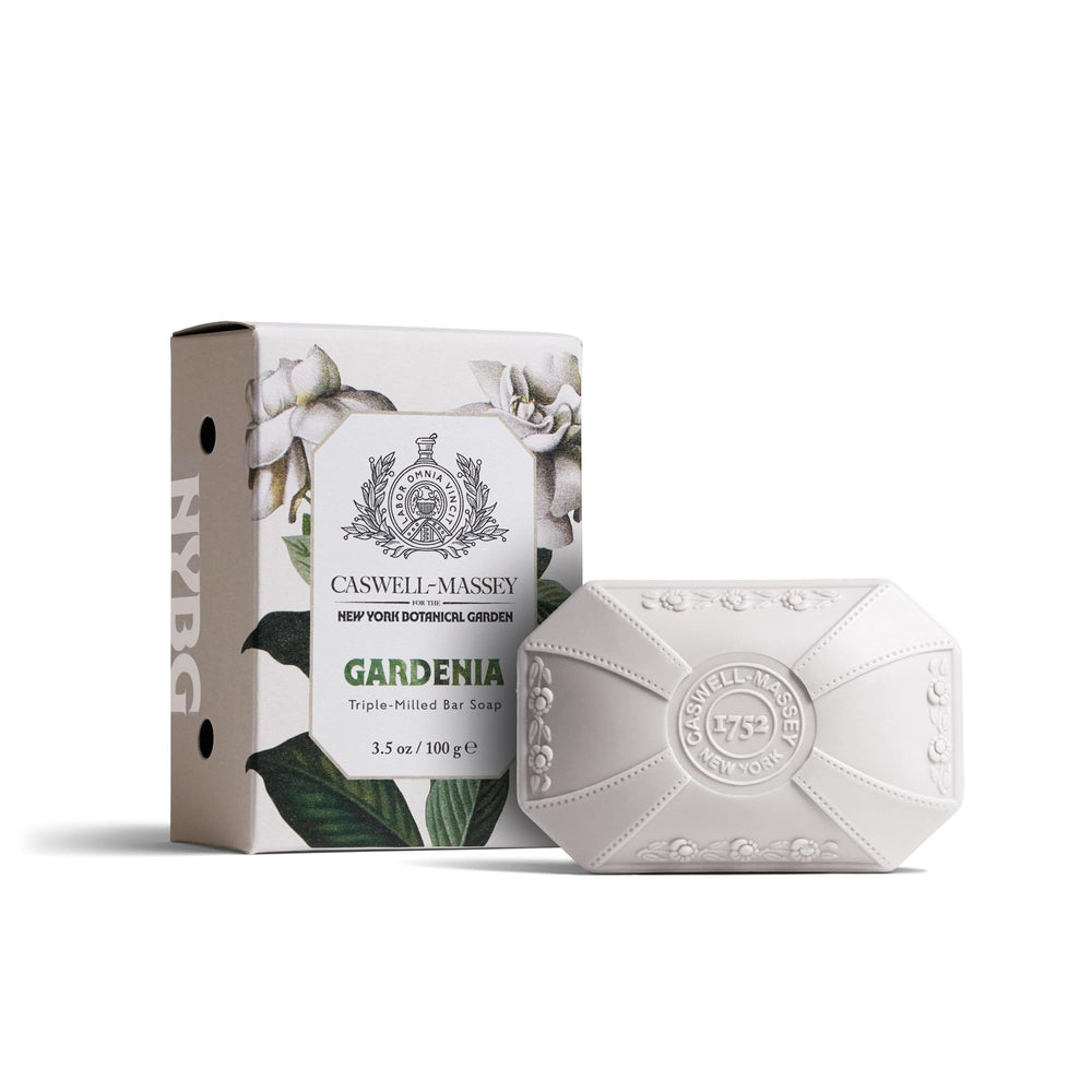 Caswell-Massey front packaging showing gardenia soap and elegant branding benefits presentation