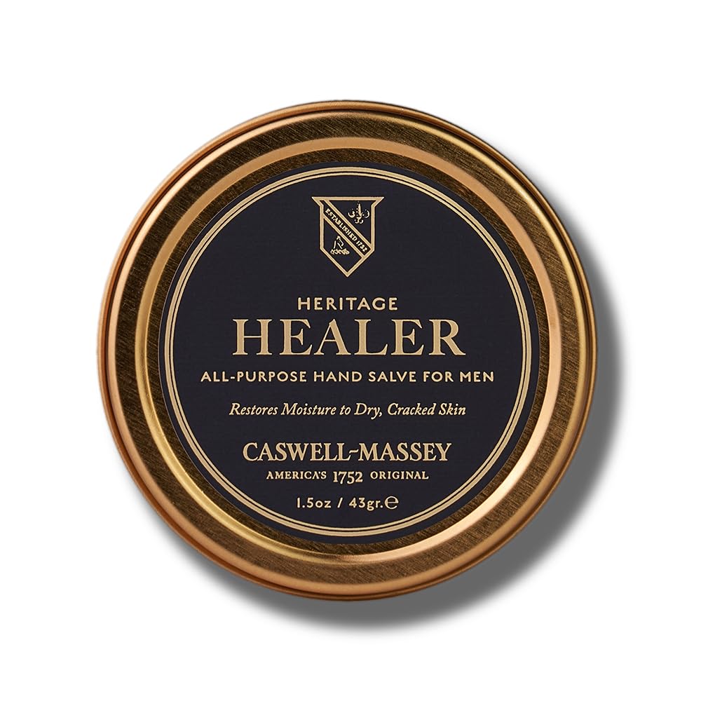 Caswell-Massey Healer tin front view showing branding and compact design for easy carrying