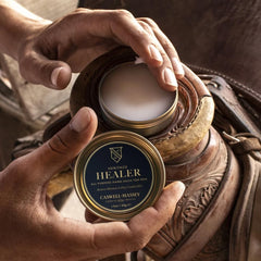 Caswell-Massey Healer tin inside toiletry bag showing convenient everyday grooming use
