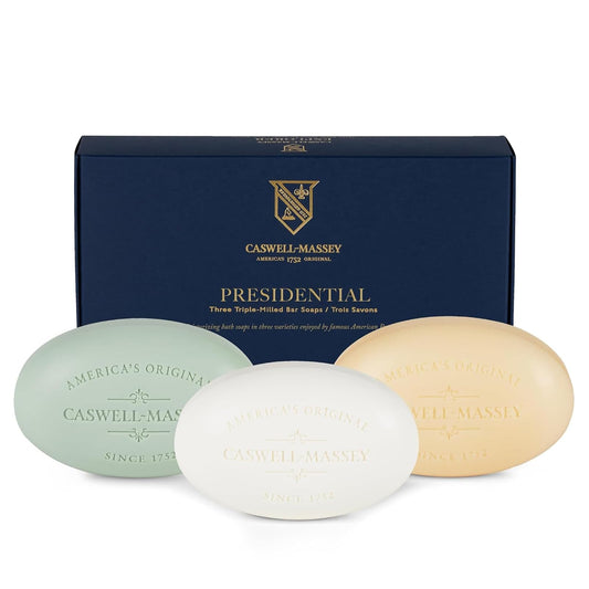 Caswell-Massey three-bar gift pack front showing packaging and variety benefits