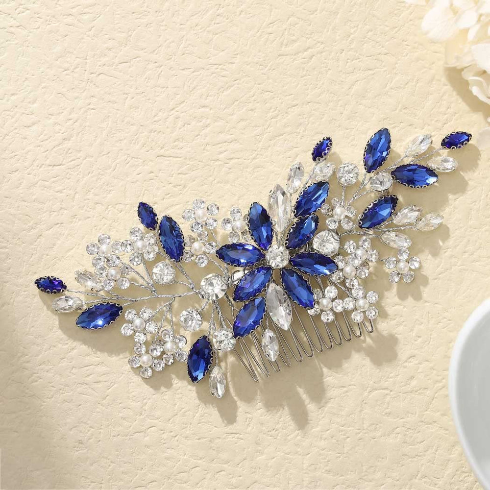 Catery front view showing blue rhinestones and floral silhouette for elegant finish