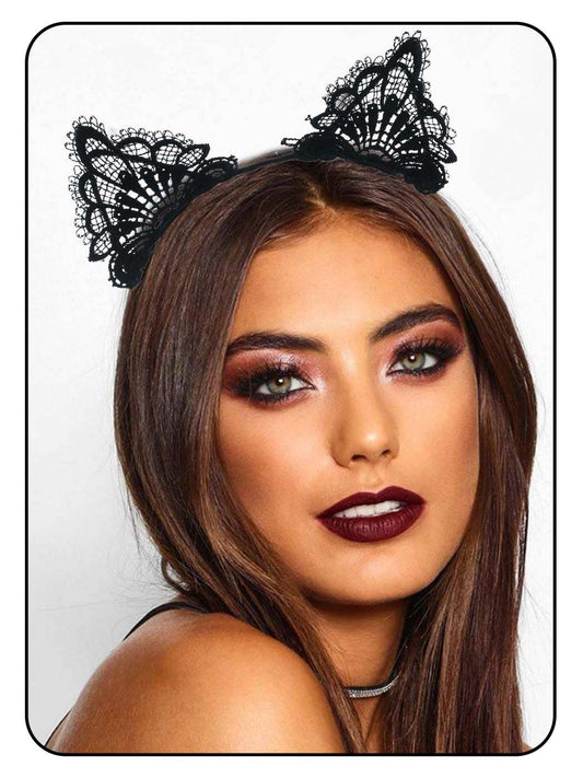 Catery front view of black lace cat ears headband showcasing shape and shine