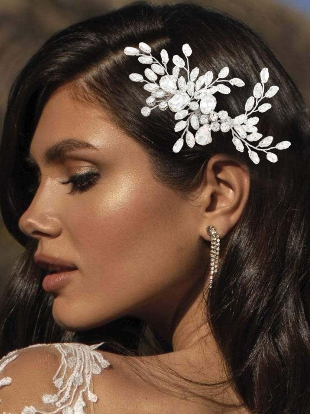 Catery front view of silver crystal bridal hair comb showing elegant shine