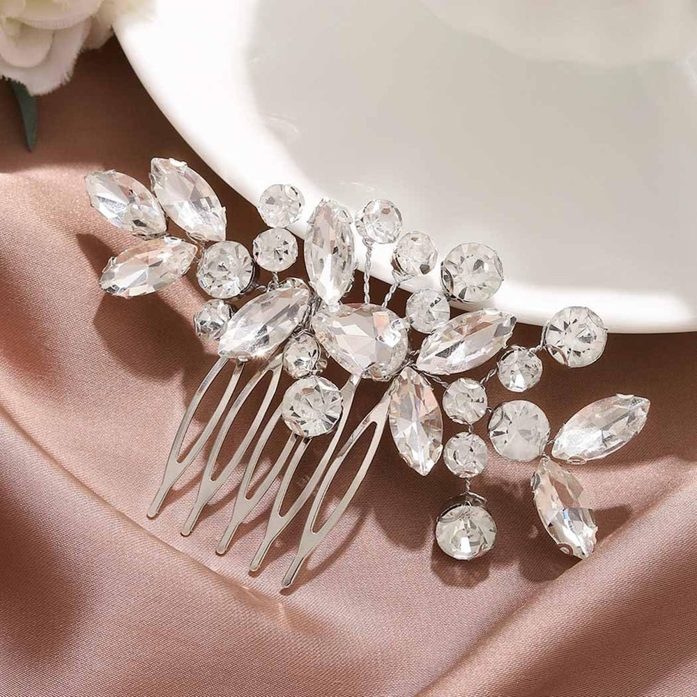 Catery silver comb front view showing rhinestone detail and elegant shine benefit