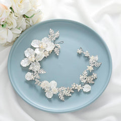 Catery headband styled with veil in soft bridal setting for layered elegance