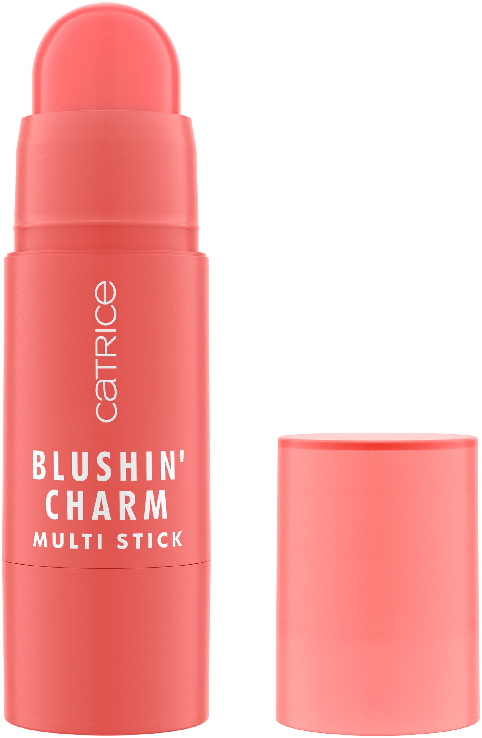 Catrice front packaging of Blushin' Charm Multi Stick showing coral shade and compact design for easy carry