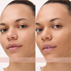 Catrice primer tucked in a makeup bag to illustrate travel-friendly compact beauty routine