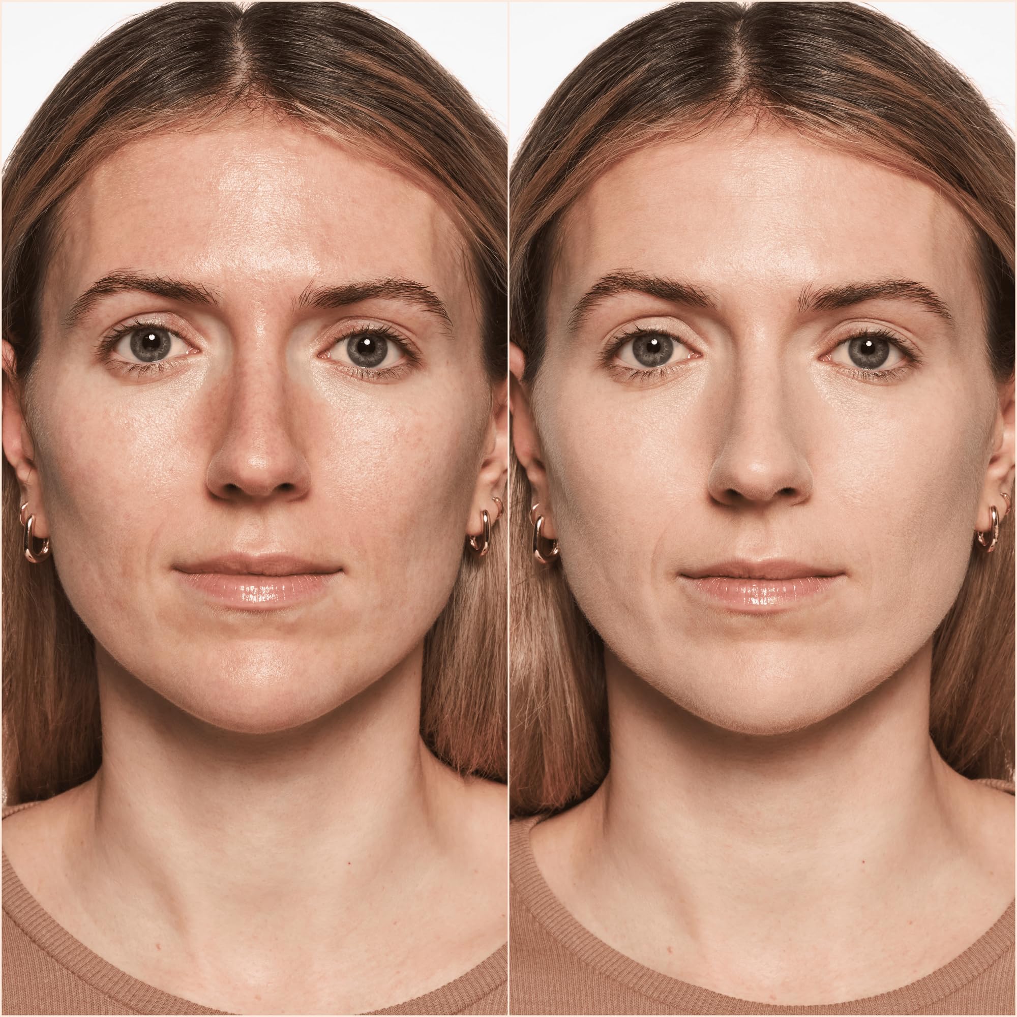 Catrice before and after face photos demonstrating high coverage and blurring effect