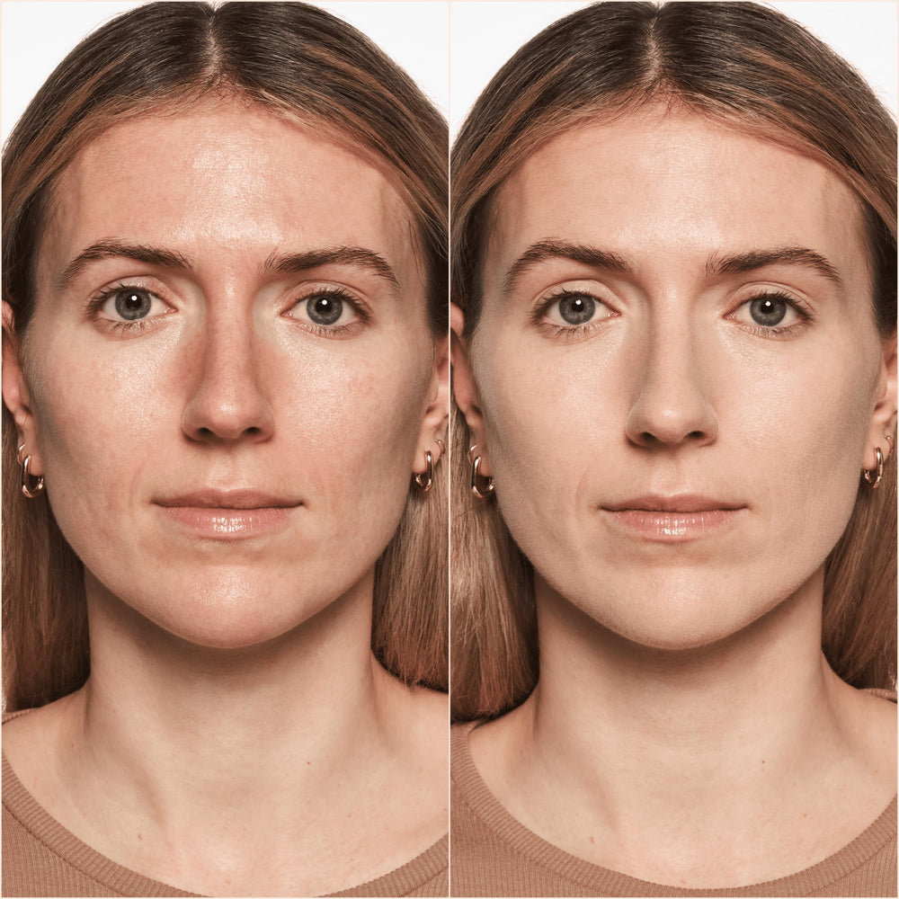 Catrice before and after face photos demonstrating high coverage and blurring effect