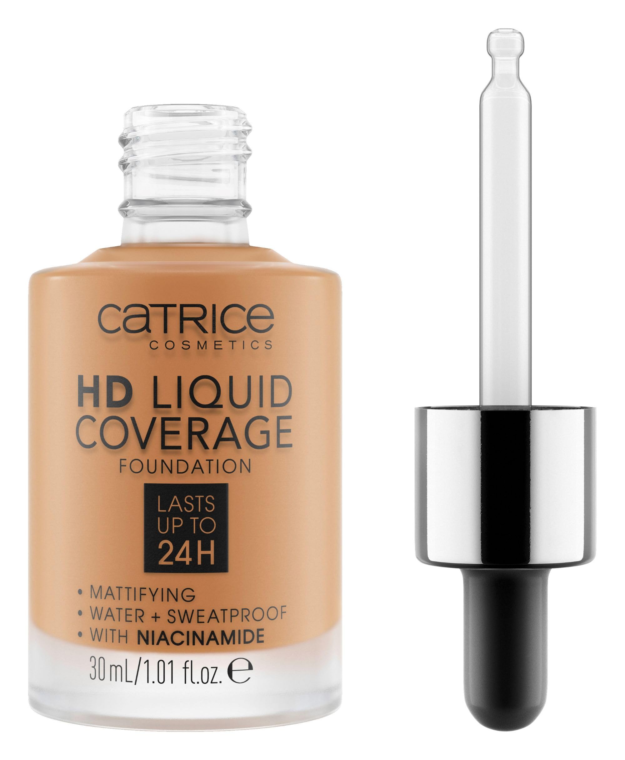Catrice bottle front packaging showing high coverage finish benefits