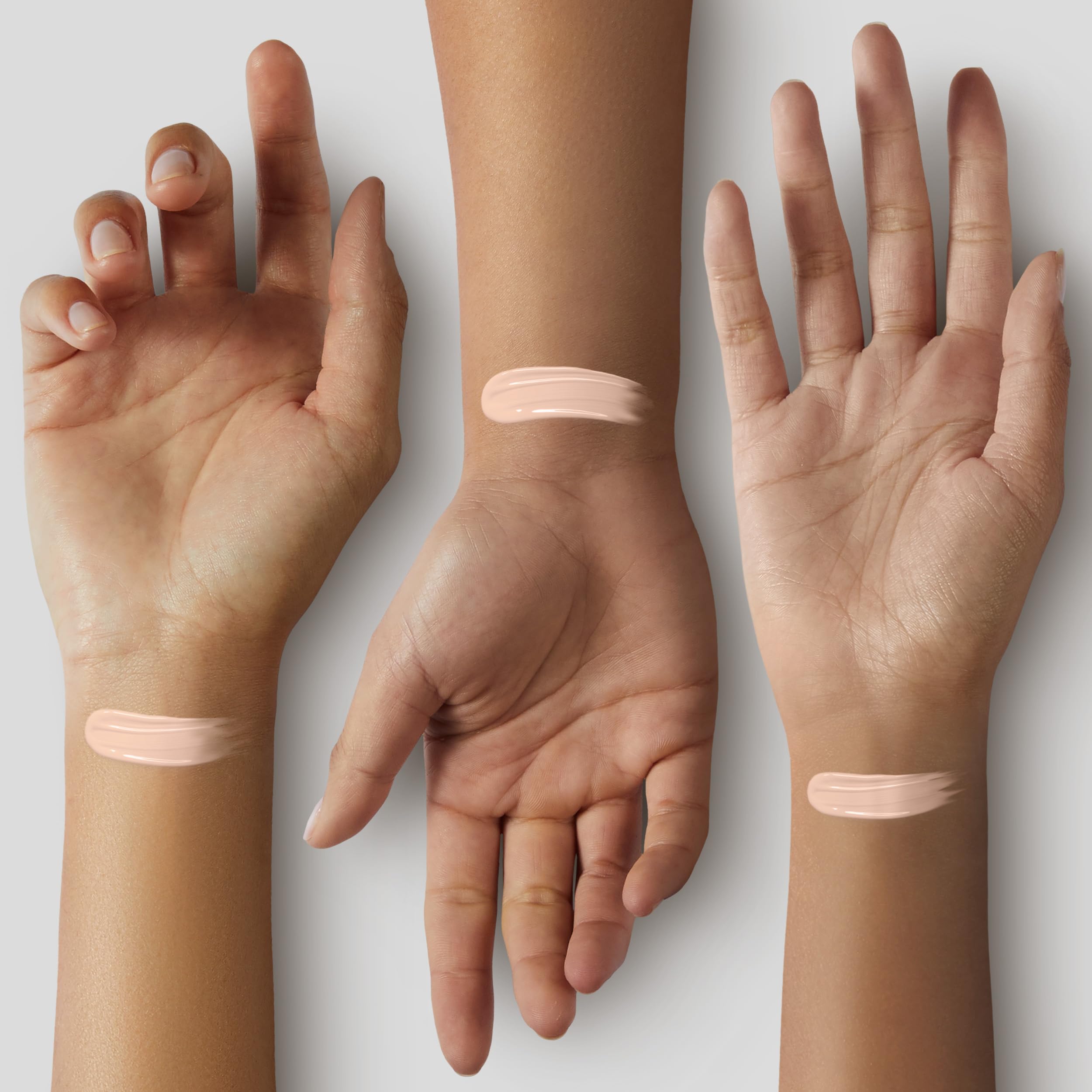Arm swatches of Catrice True Skin showing Cool Cashmere shade matching benefit