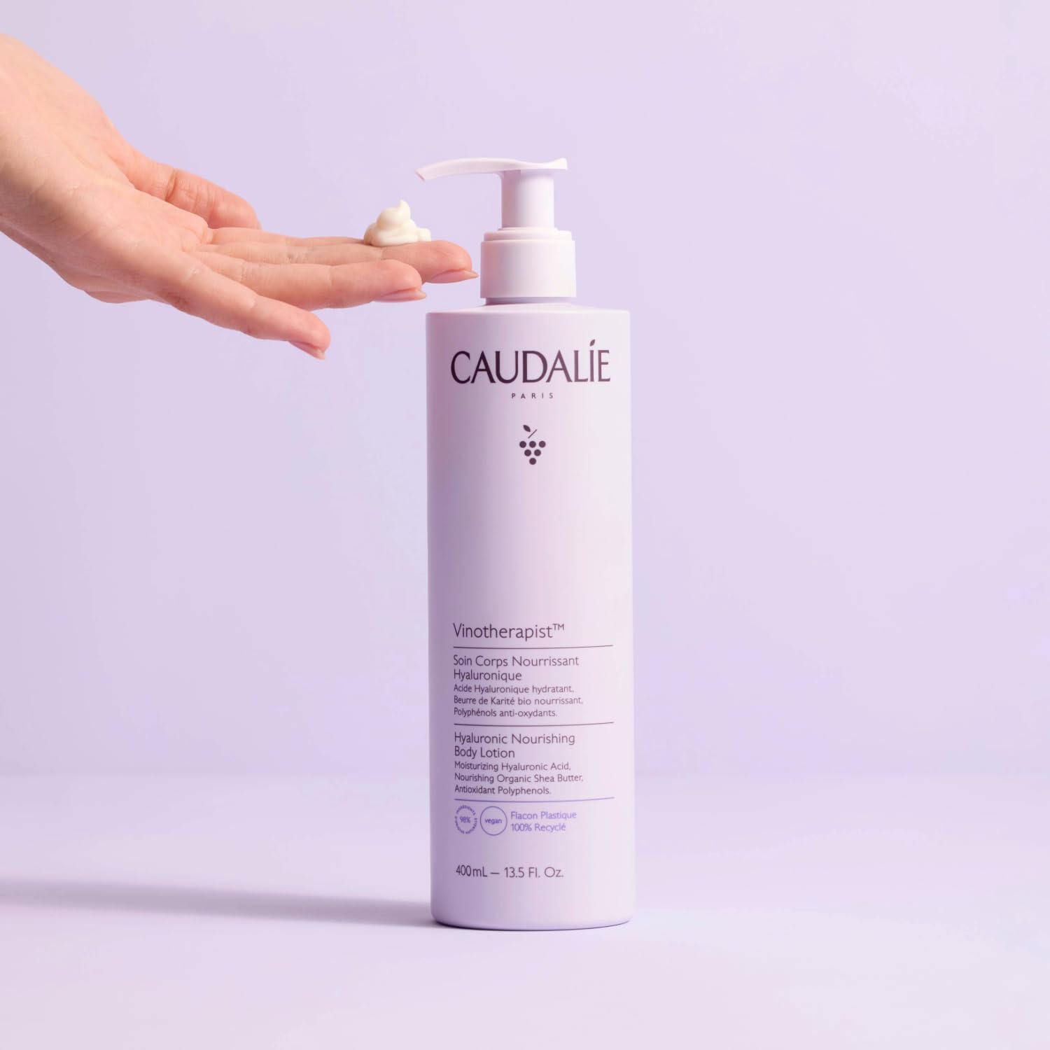 Caudalie 400 mL bottle beside common objects to show scale benefit