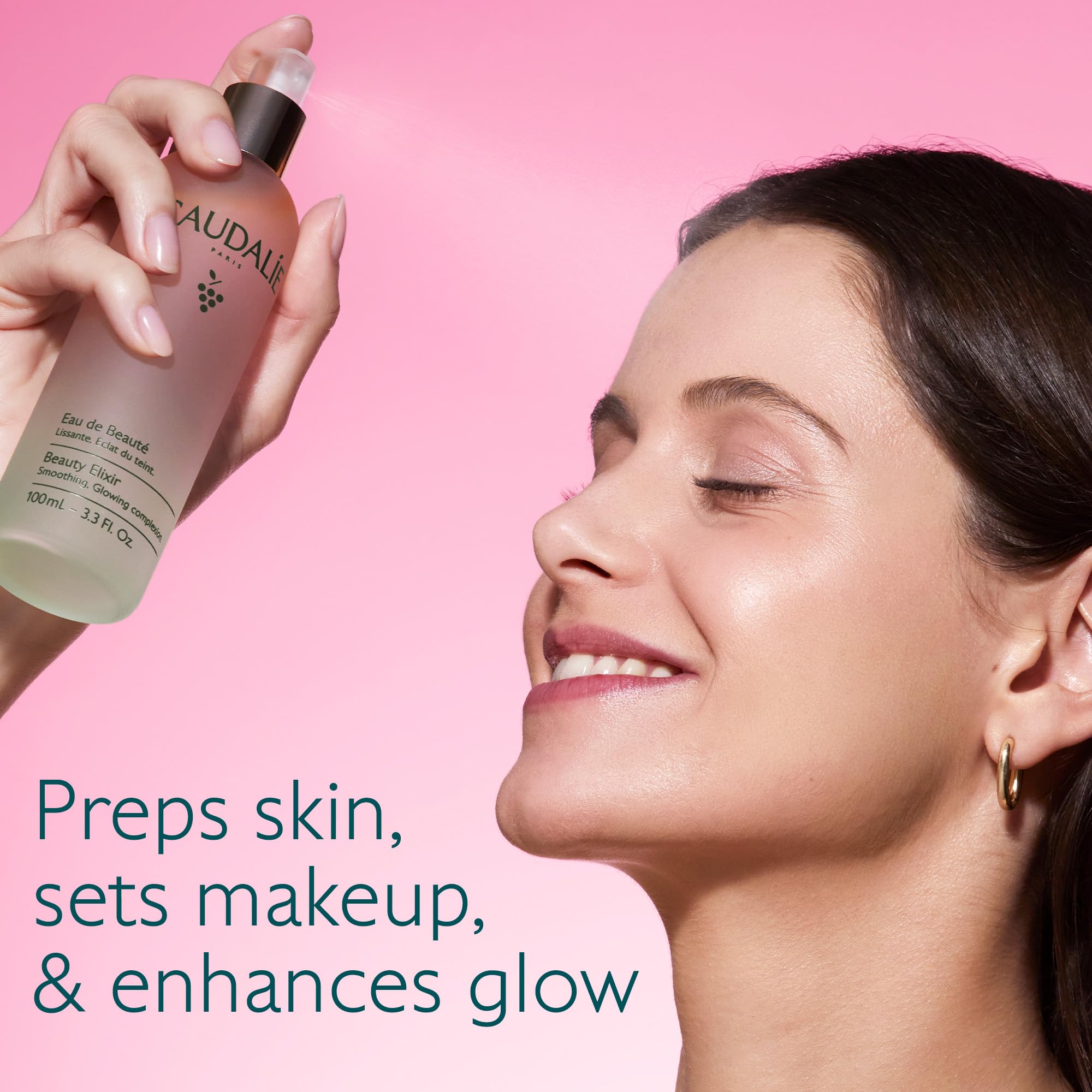 Close-up of Caudalie spray nozzle delivering an even mist for quick hydration