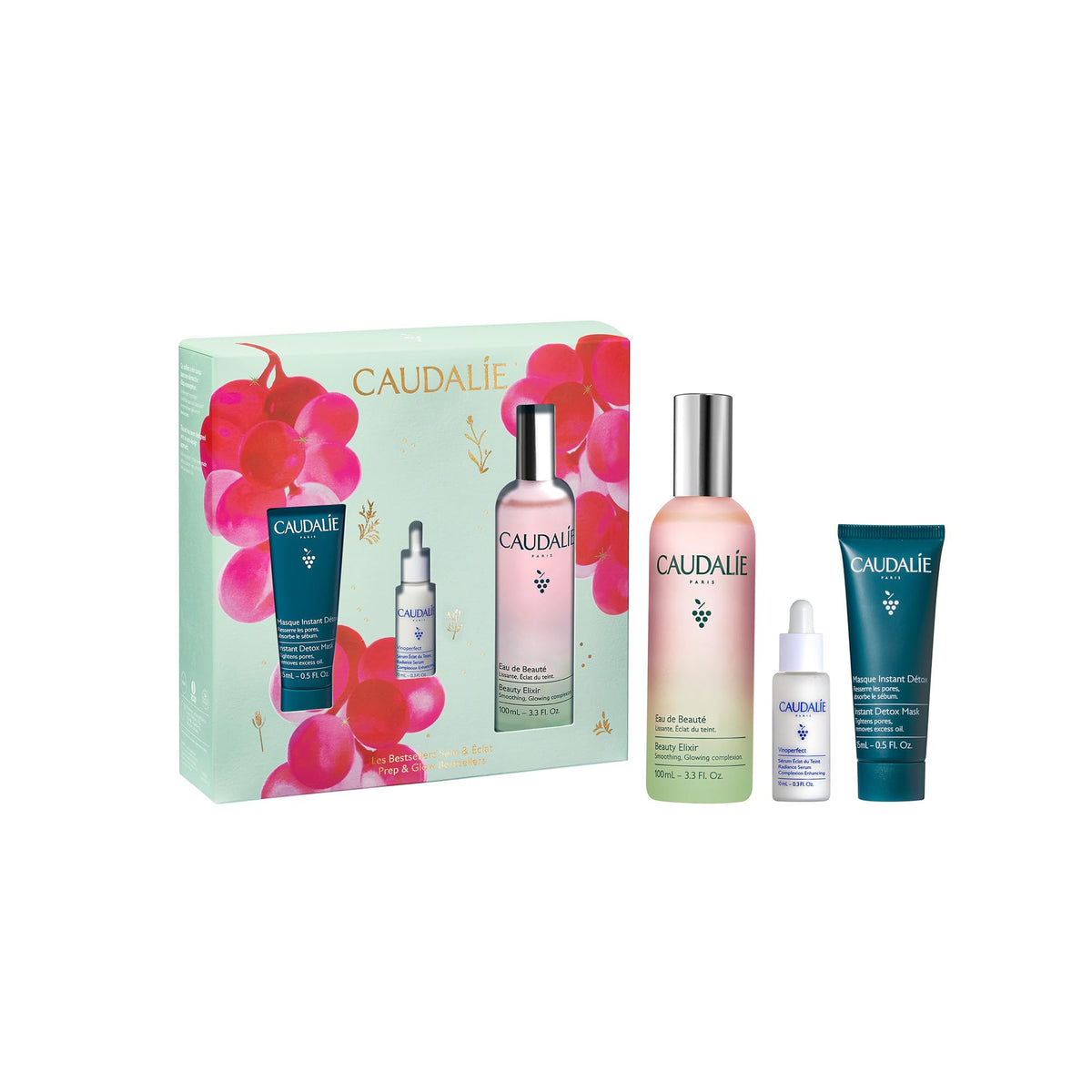 Caudalie Beauty Elixir front packaging showing full-size spray and glow benefit