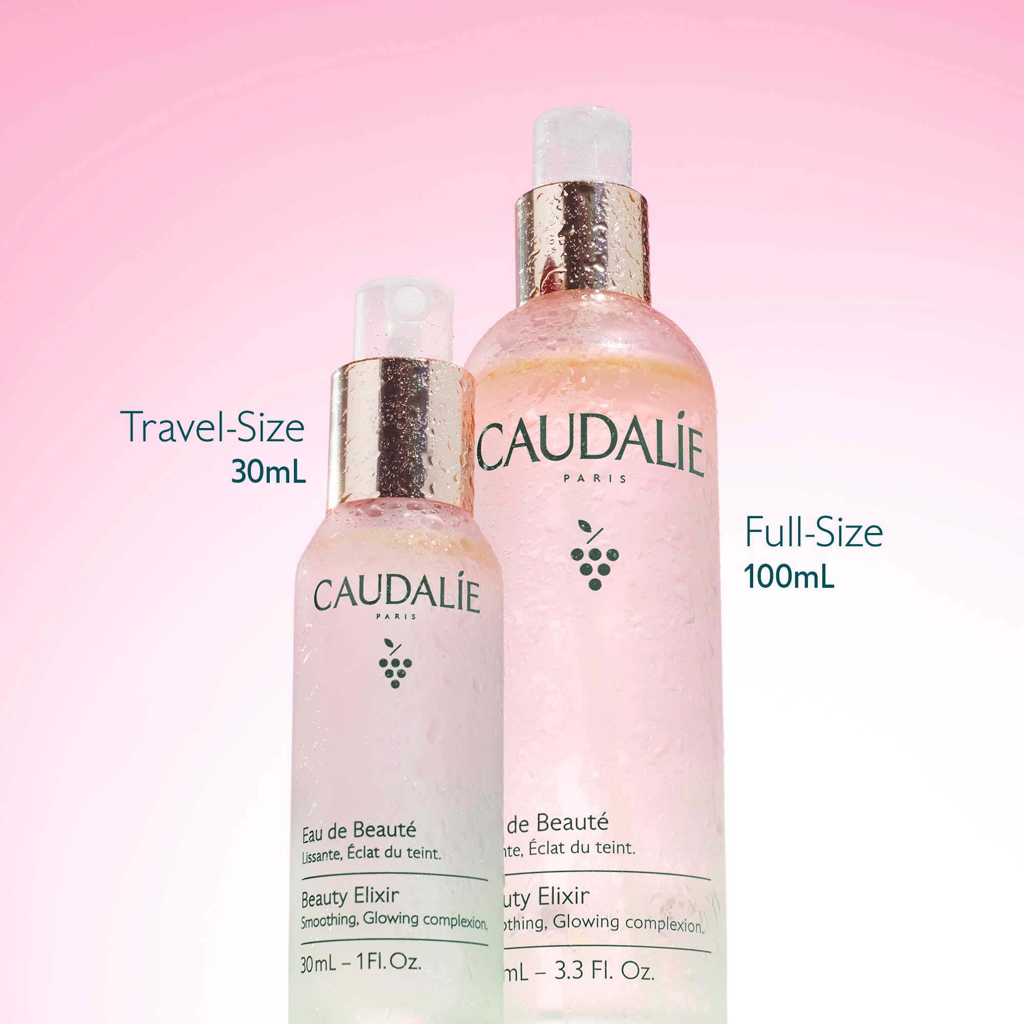 Label close-up on Caudalie bottle highlighting vegan, natural claims