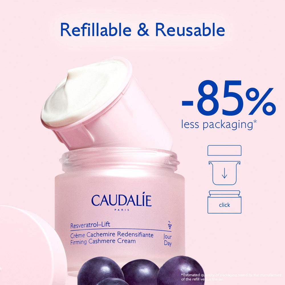 Model applying Caudalie cream to neck and décolleté for visible firming benefit