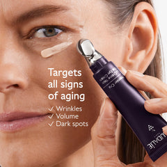 Caudalie metal applicator close-up demonstrating cooling massage for depuffing benefit