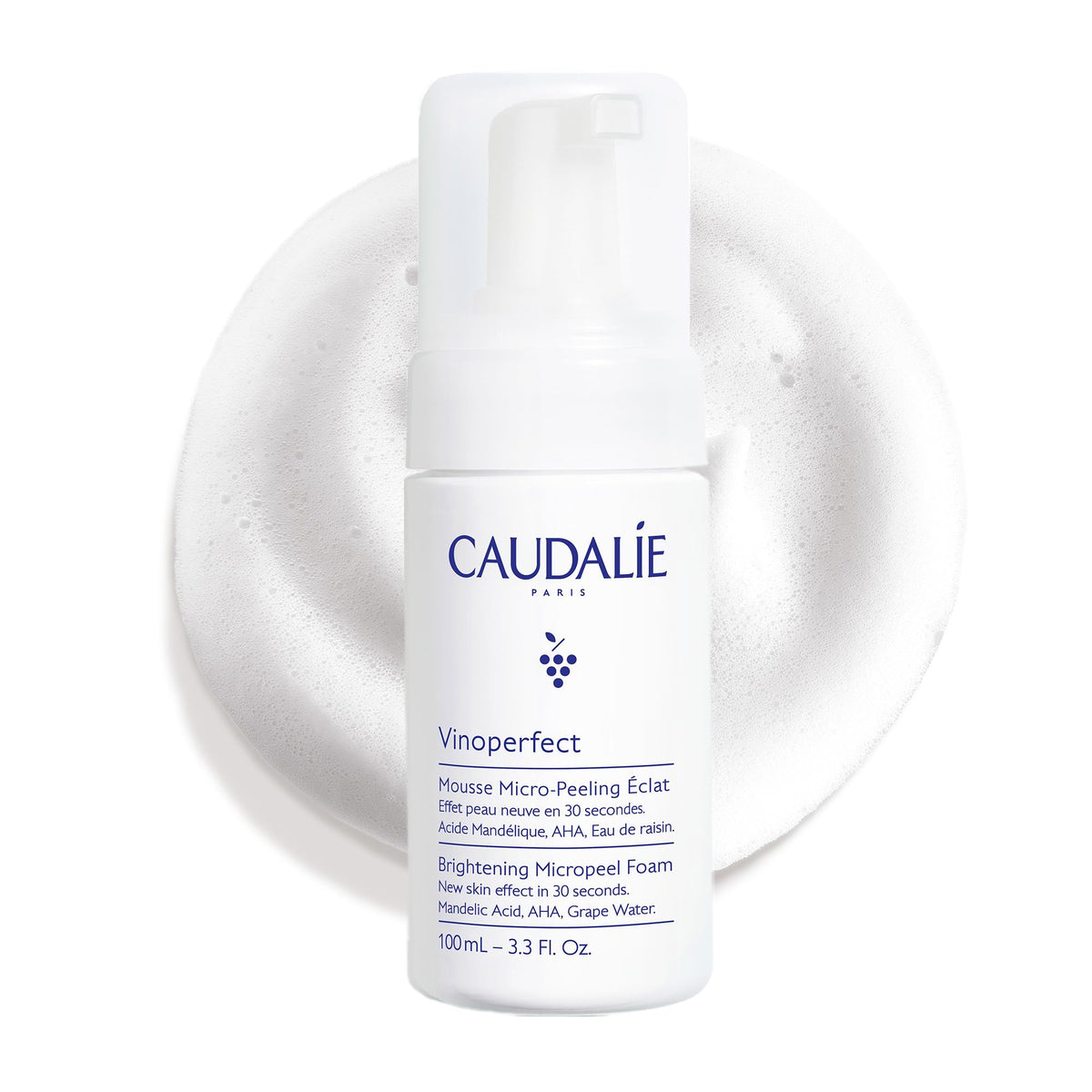 Caudalie front tube of Vinoperfect micropeel showing product branding and easy use benefit