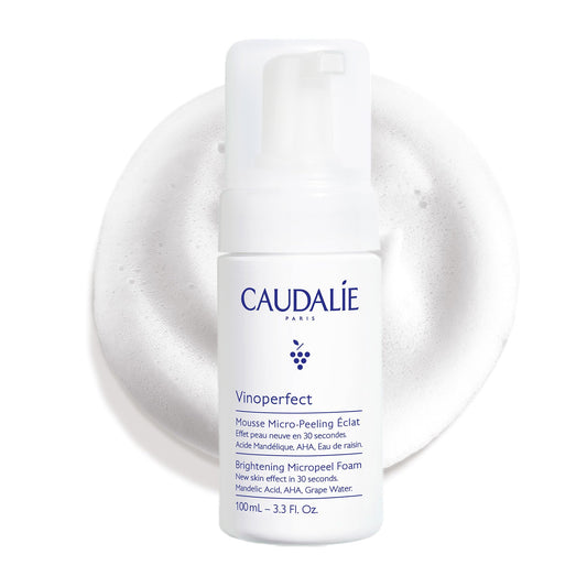 Caudalie front tube of Vinoperfect micropeel showing product branding and easy use benefit