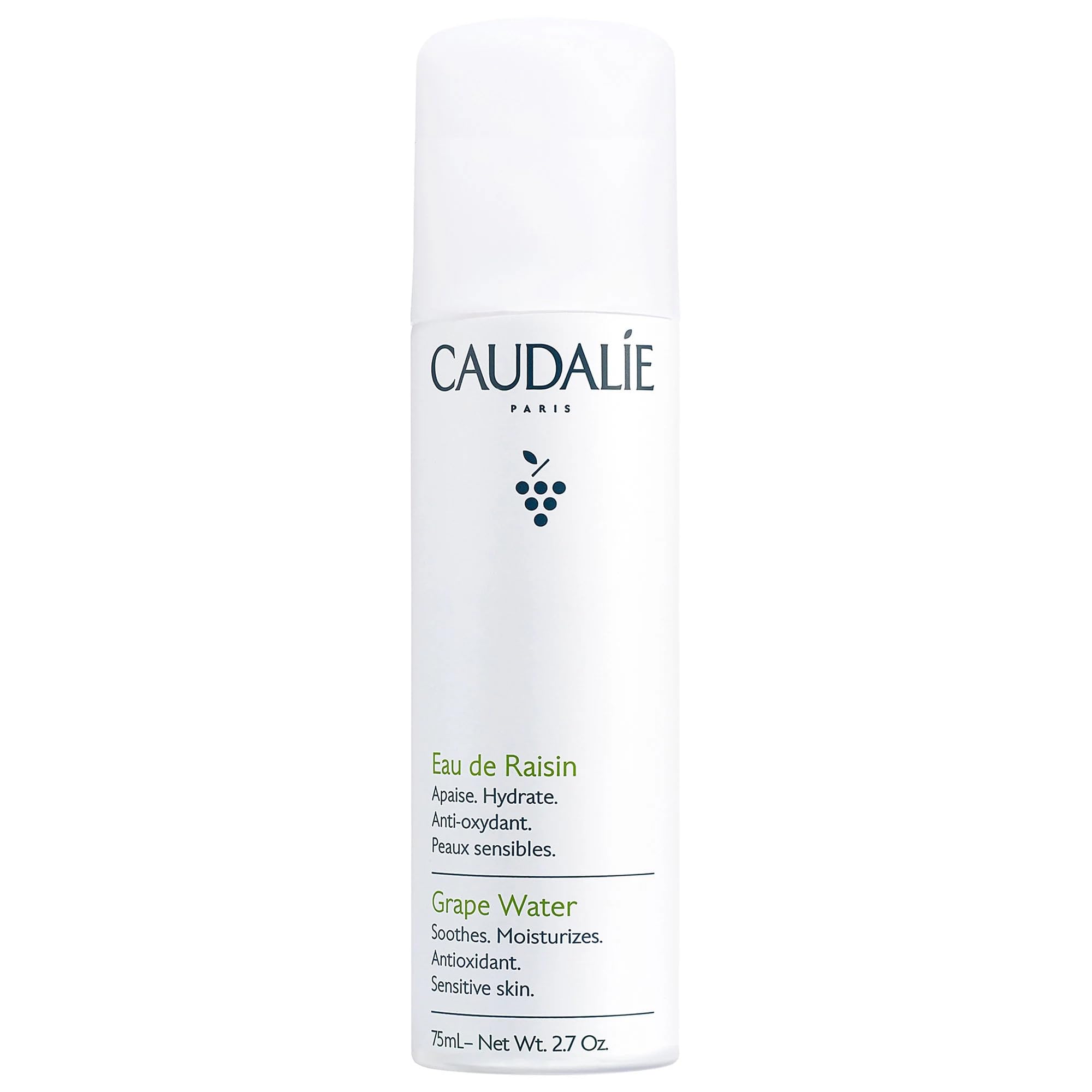 Caudalie grape water front bottle showing packaging and quick hydration benefit