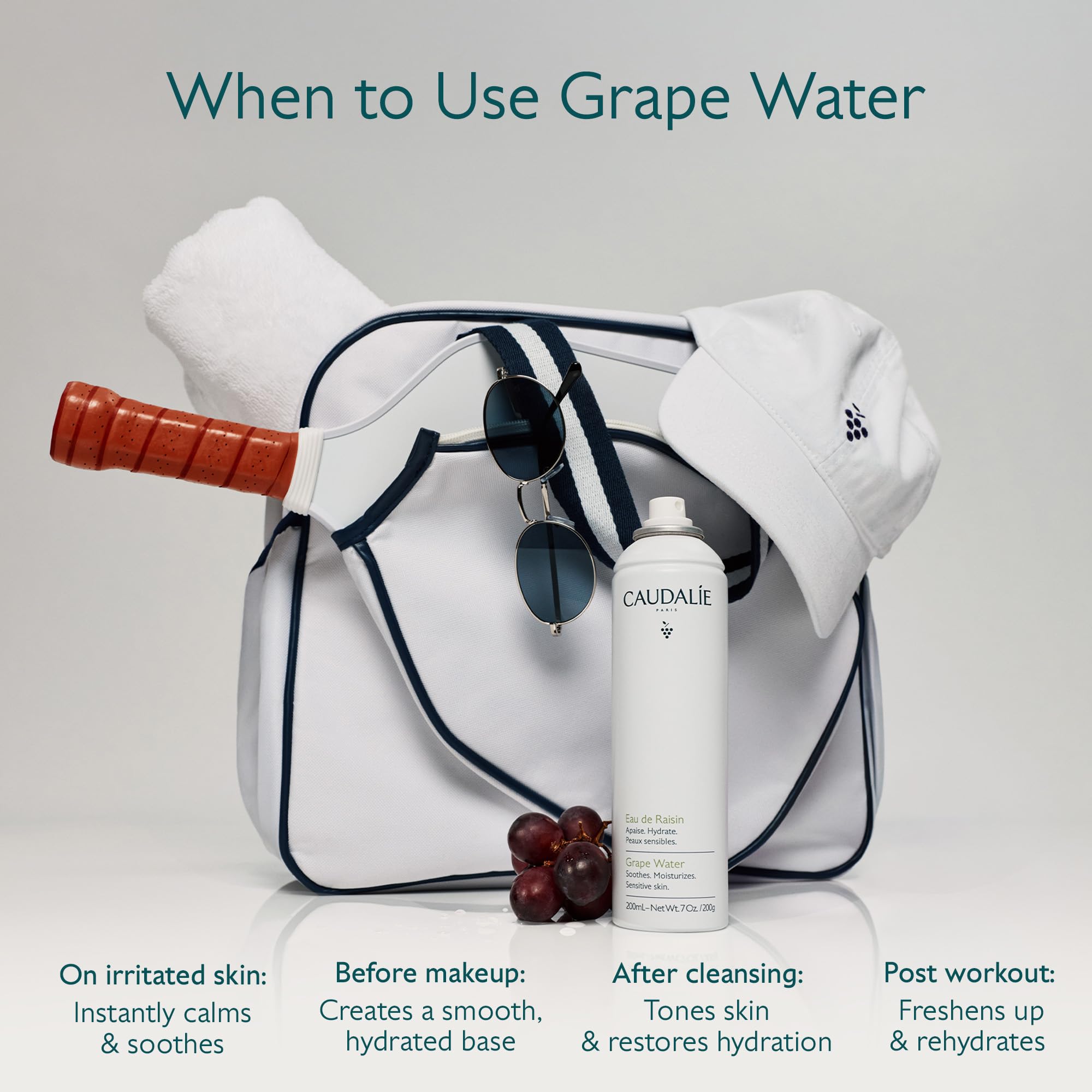 Caudalie grape water placed on bathroom shelf suggesting daily soothing use