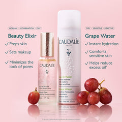 Caudalie grape water label detail showing organic grape origin and antioxidant benefit