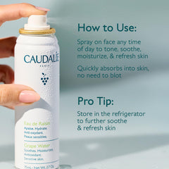 Caudalie grape water tucked in a travel bag for on-the-go refreshing hydration