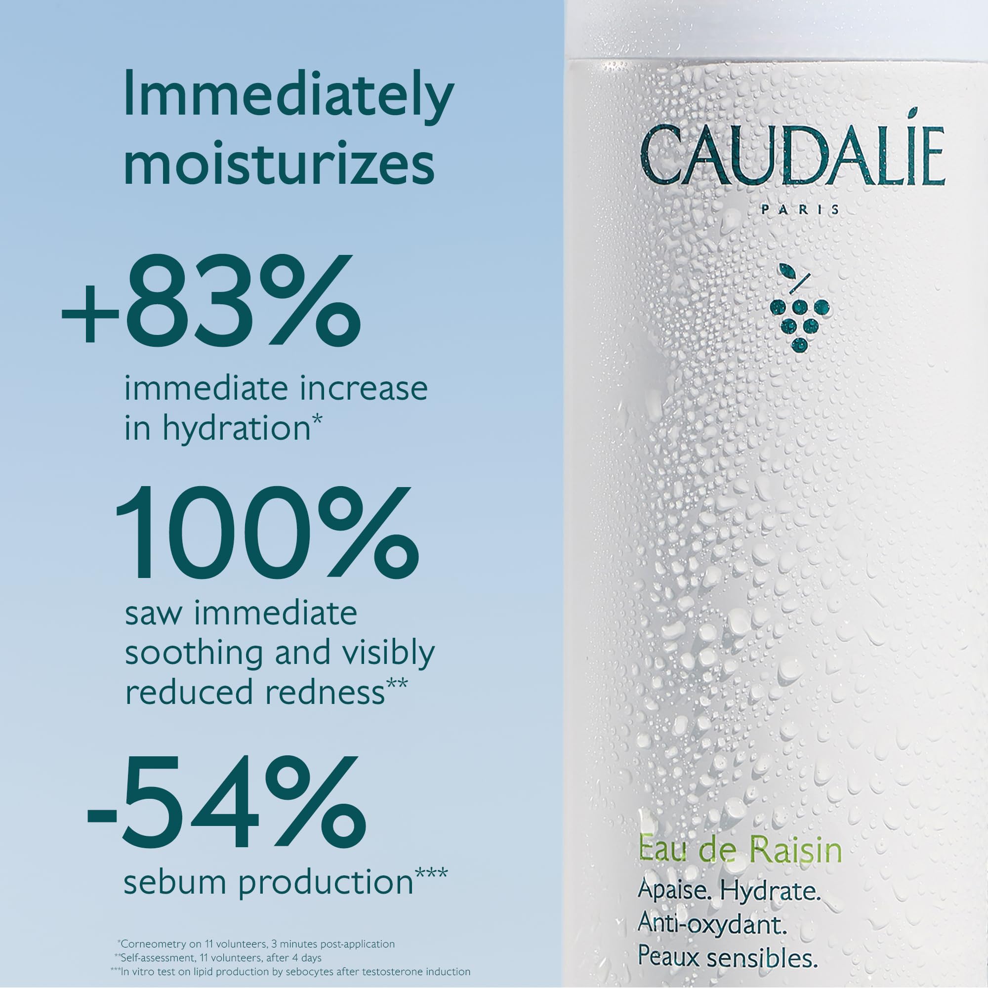 Caudalie grape water droplet on skin highlighting lightweight absorbent texture