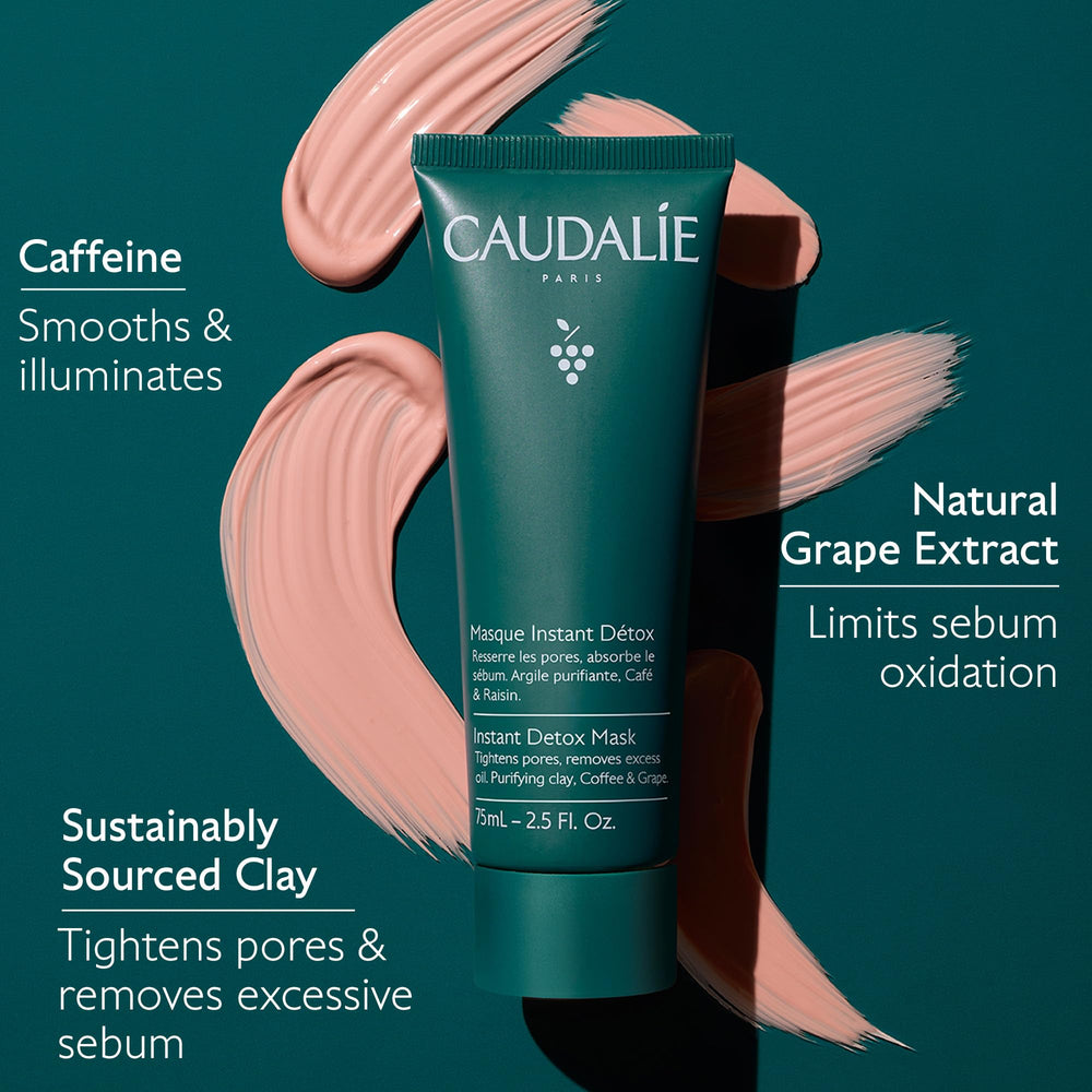 Split image showing a Caudalie mask before and after improving skin clarity