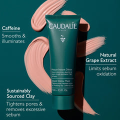Split image showing a Caudalie mask before and after improving skin clarity