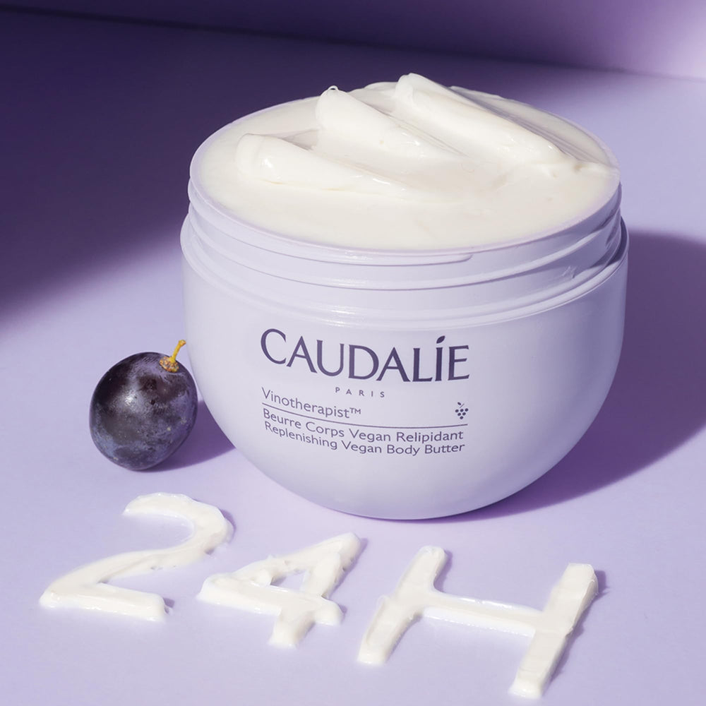 Caudalie body butter on bathroom shelf adding a luxe moisturizing ritual