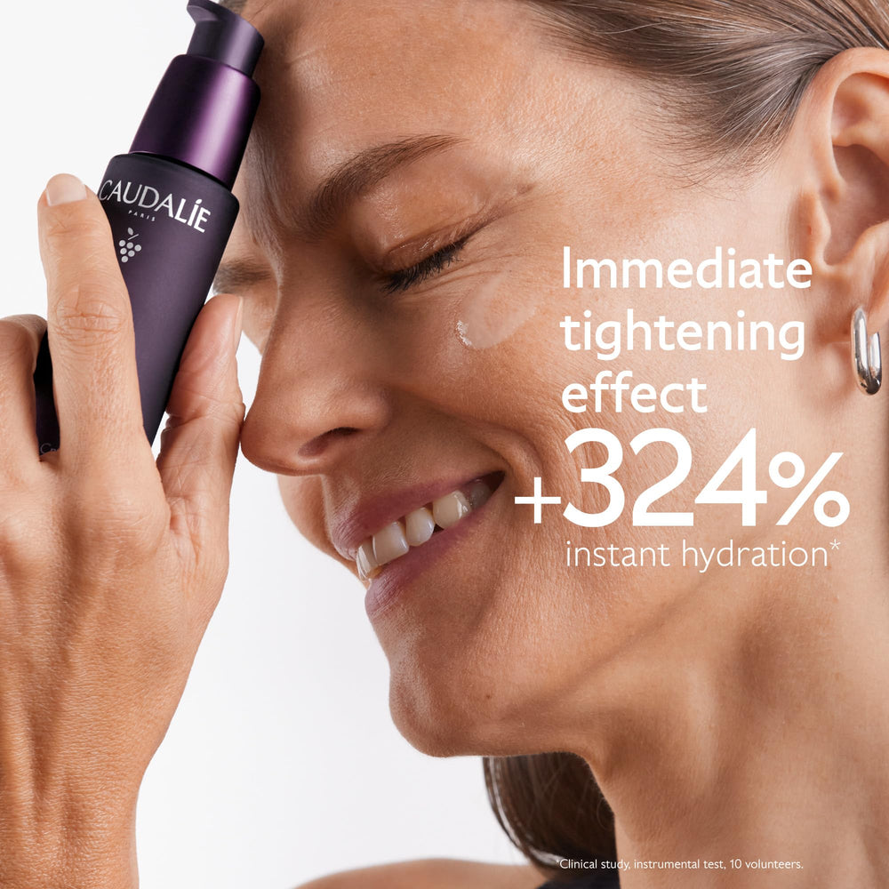 Caudalie pump dispensing serum demonstrating controlled dosage and convenience