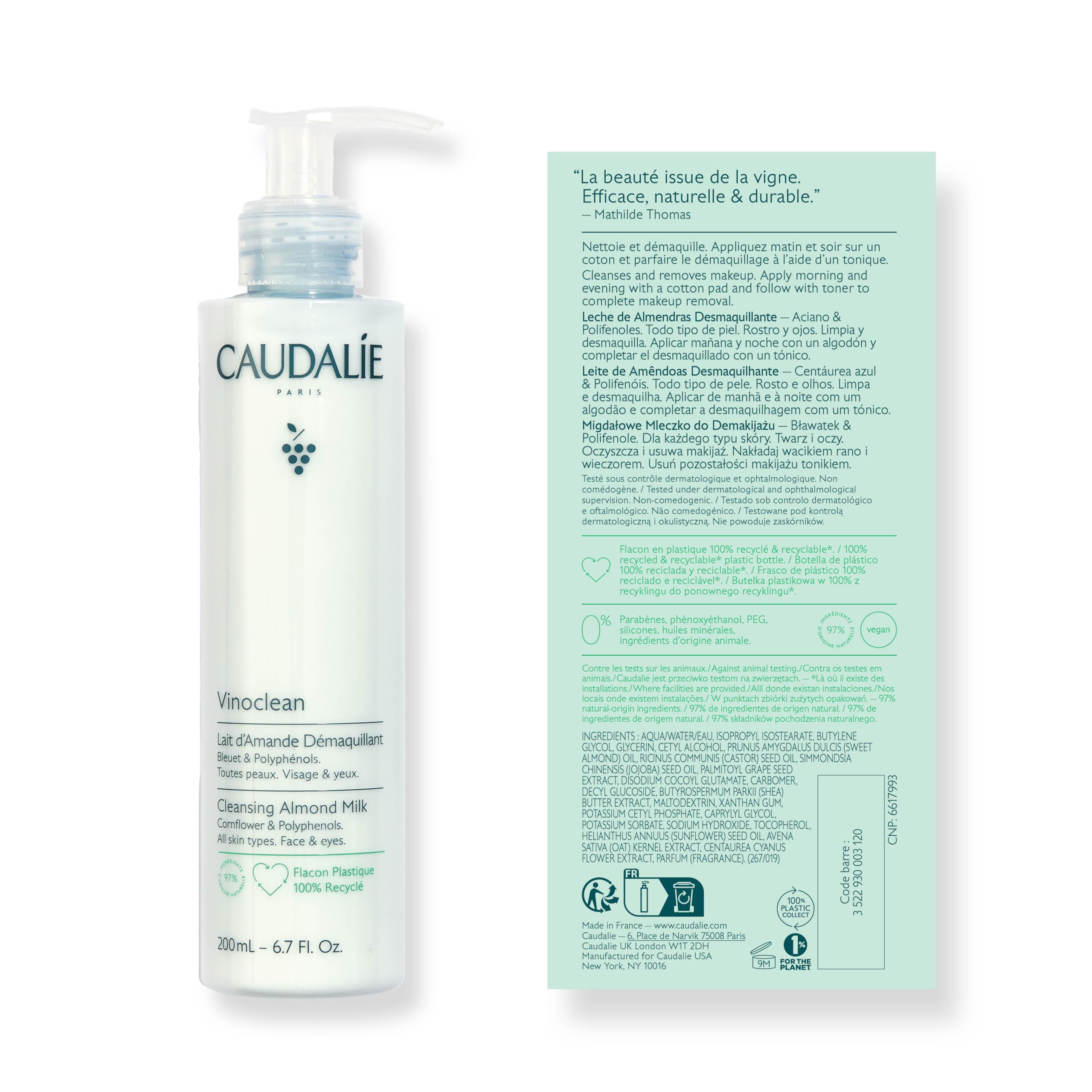 Caudalie Vinoclean back label close-up showing ingredient list and usage