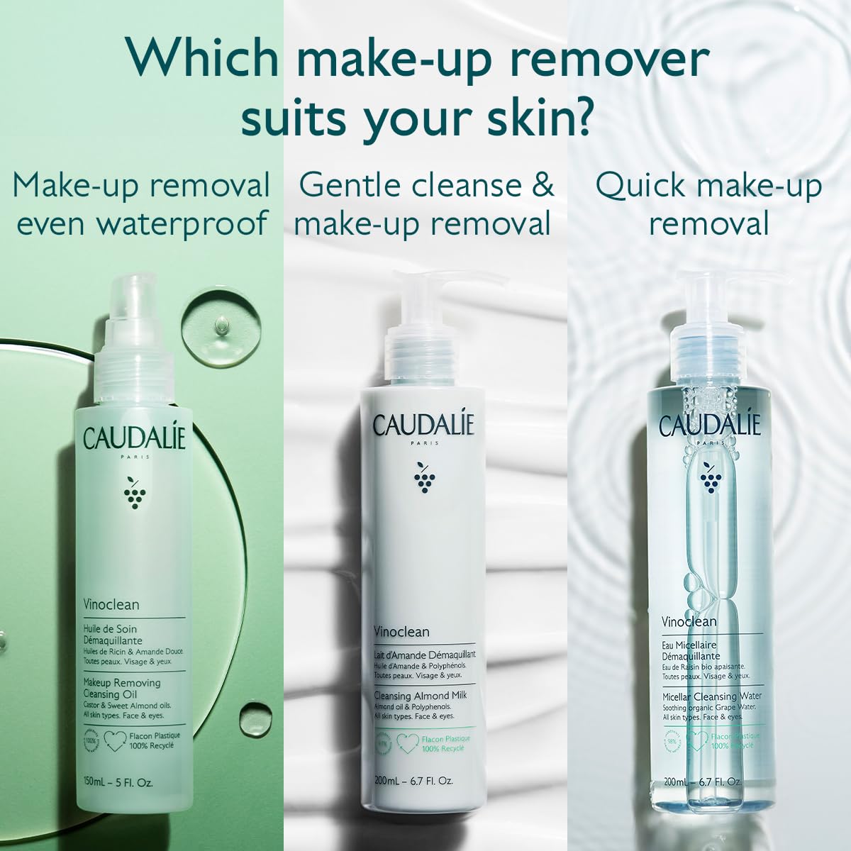 Cotton pad soaked with Caudalie Vinoclean removing makeup for gentle cleansing benefit